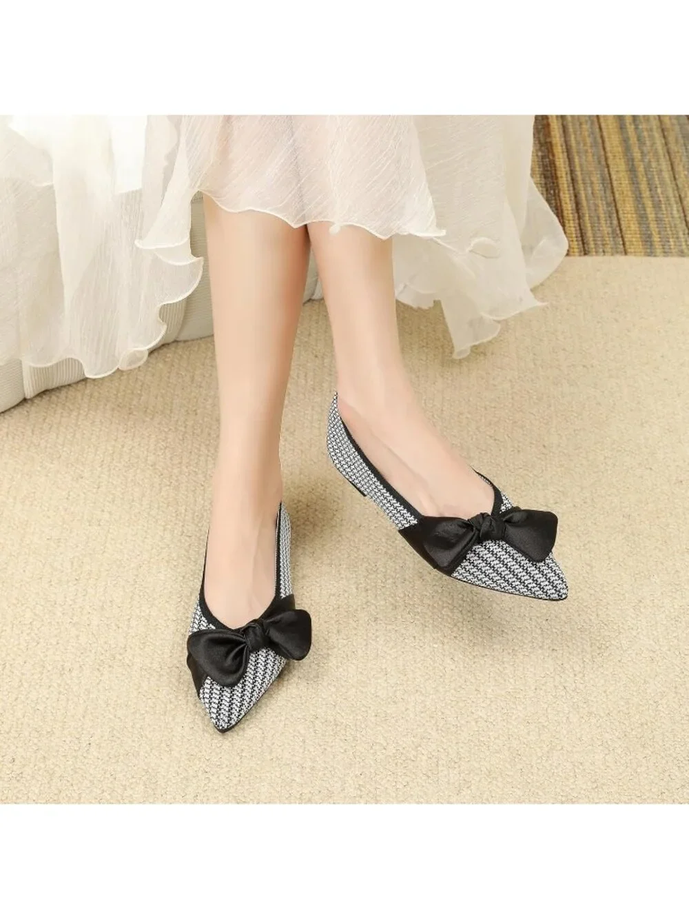 Women's Black White Mesh Pointed Toe Ballet Slip On Comfortable with Bow Shoes